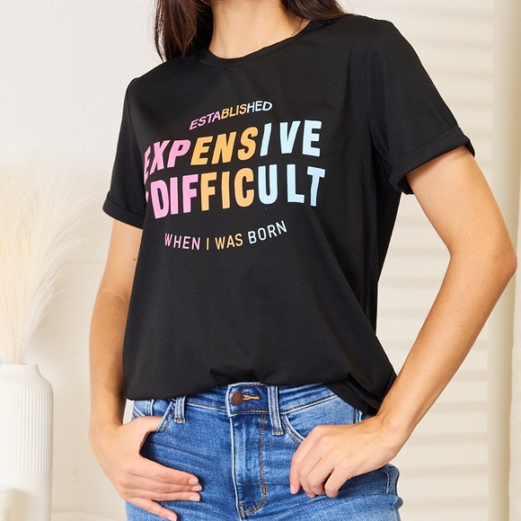 NEW Simply Love Black Expensive and Difficult Graphic Tee T-Shirt - Picture 6 of 9